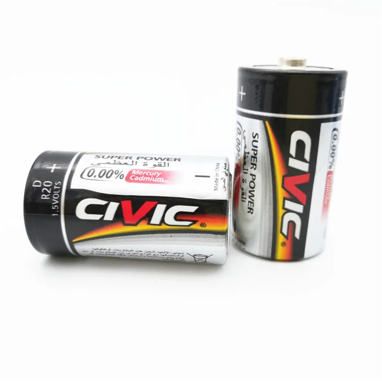 Hot Sale Civic Zinc Carbon R20 D Battery 1.5V for Flashlight Shrink Pack 380Mins