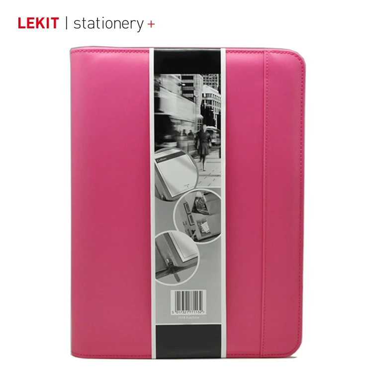 Pink PU leather a4 portfolio with notepad leather zipper binder notebook
