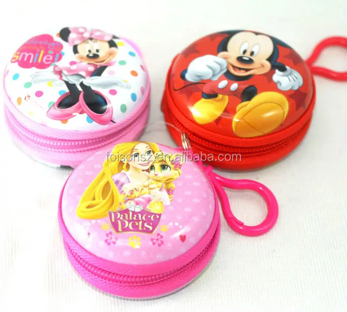 gorgeous round princess zipper coin metal tin wallet hanging tin purse
