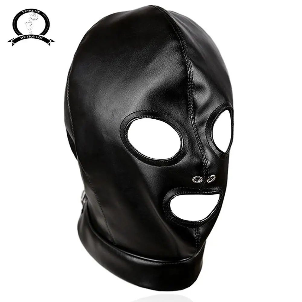 Full Cover Leather Mask Black  Open Eyes Open Mouth Cosplay Costume Hood Unisex Plus Size Underwear