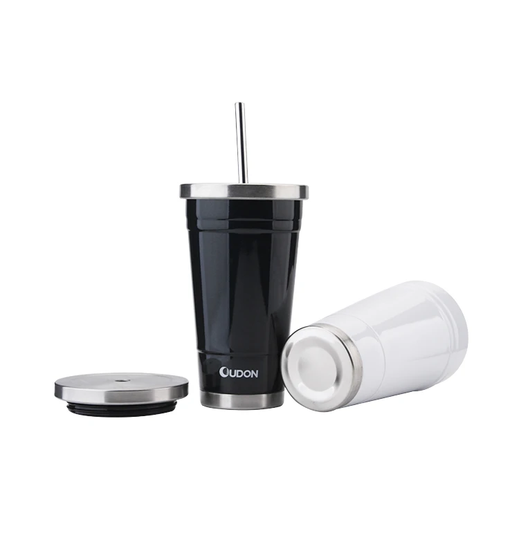 Custom double wall insulated stainless steel straw cup vacuum tumbler mug drinking cup with metal straw