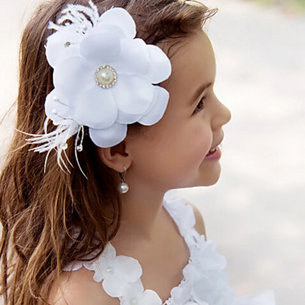 Flower Headband Pearl Hairband with Feather for Toddler Flower Girl
