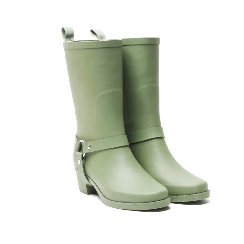 
Green Rainboots Women Mid-Calf Rubber Boots Waterproof Rubber Rainboots Women Rain Footwear With buckle 