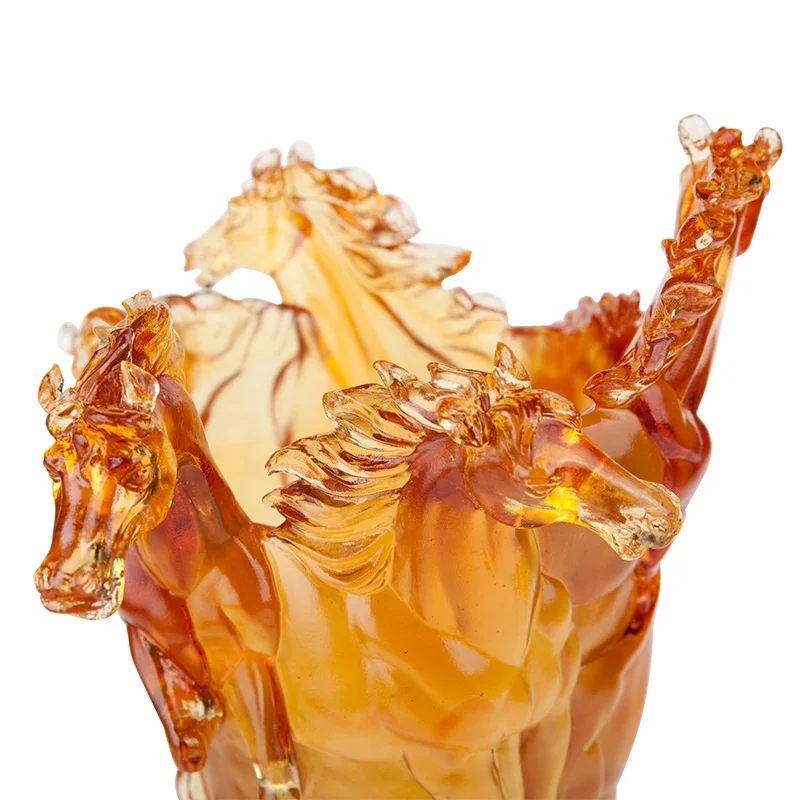 Premium gift horse art glass trophy pate de verre crystal trophy cup
