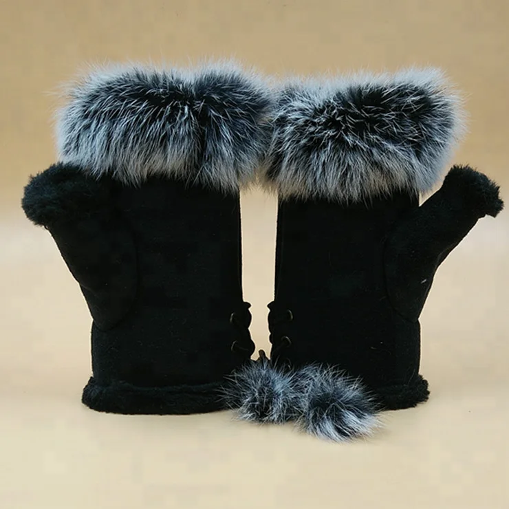 2018 зимняя грелка для рук из кроличьего меха кожаные женские замшевые варежки без пальцев женские зимние перчатки на запястье