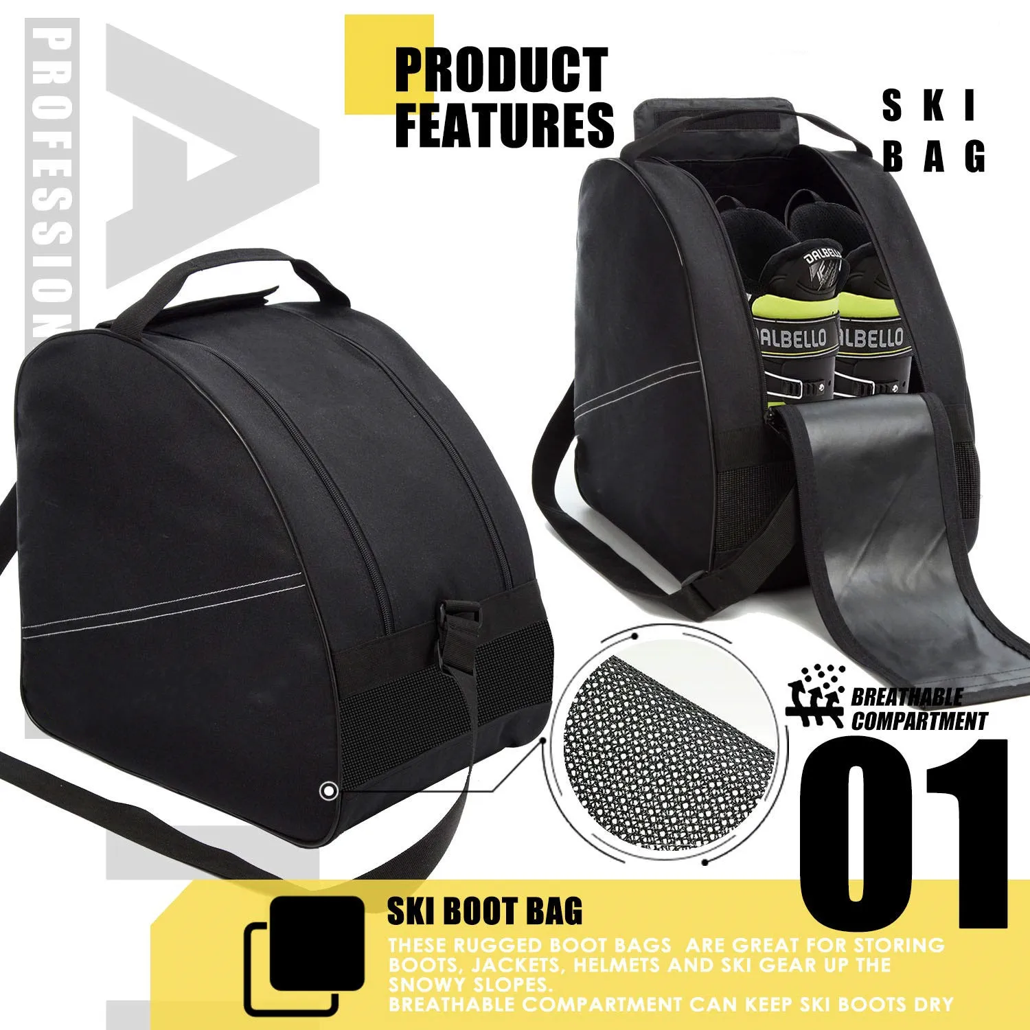 
Black Ski bag and Ski Boot bag Skis Up to 200 cm and Boots Up to Size 13 