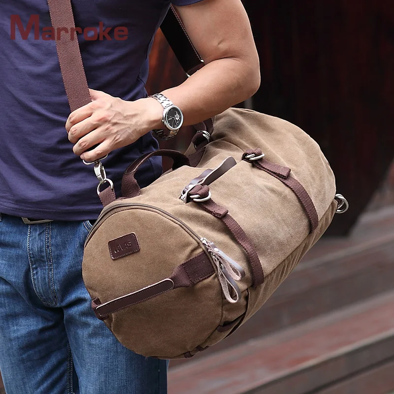 Marroke Outdoor Cylinder Shape Sport Cotton Canvas Waterproof Leisure Duffle Travel Backpack Bag