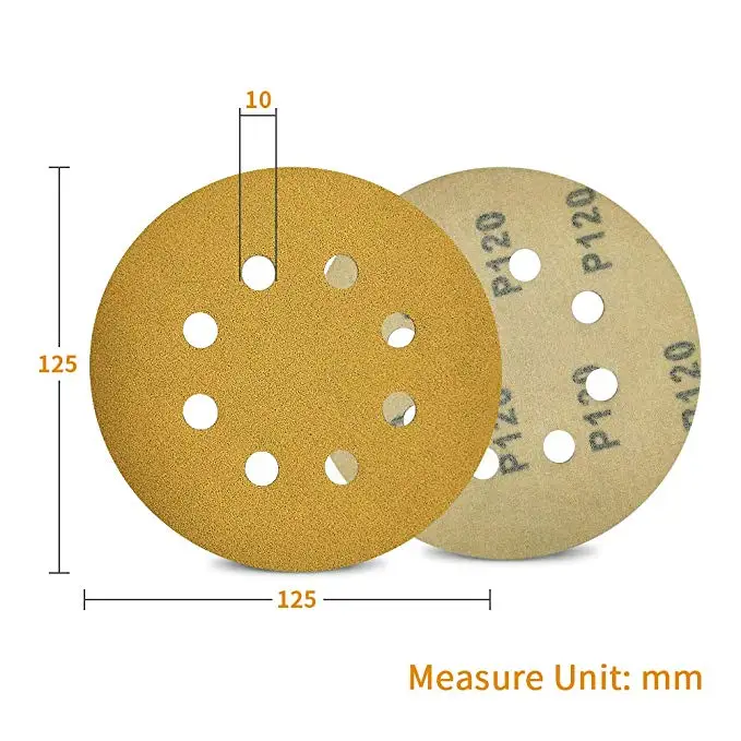 
 Наждачная бумага желтого золота на заказ, 2/5/6/7 дюйма, 8 отверстий, быстрая замена, шлифовальный абразивный шлифовальный диск с крючком и петлей  