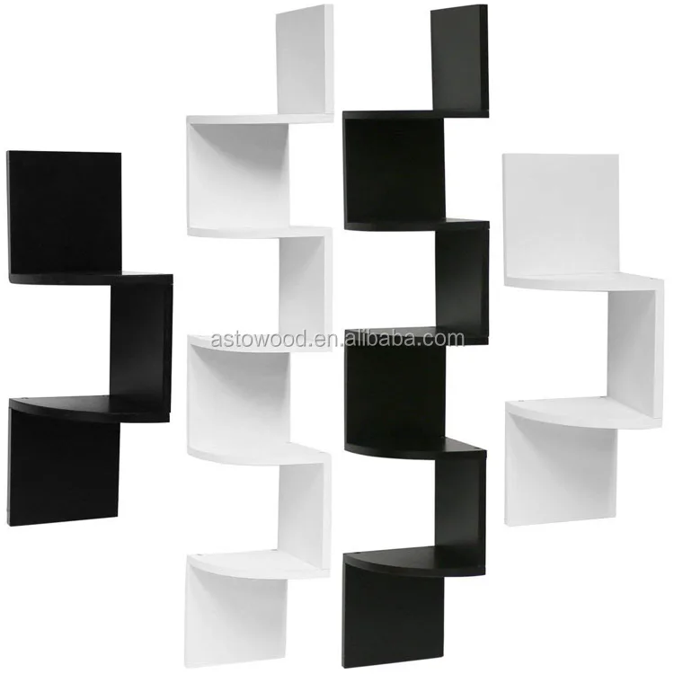 Durable MDF Zigzag Corner Wall Wooden Floating Display Shelf Shelves Storage Rack