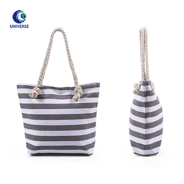Wholesale Women Thick Striped Fabric Long Strap Big Shoulder Beach Canvas Tote Bag With Rope Handle