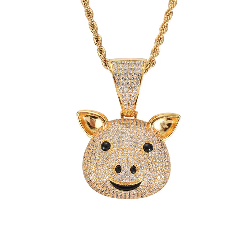 New Arrived Micro Paved Zircon Gold Plated Animal Pig Pendant Necklace Men HipHop Jewelry