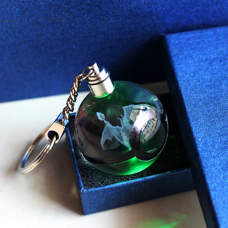 Hot Game 3D Laser Pokemon Keychain Crystal Stock Led Keyring Pokemon Ball Figures Monster Kid Birthday Gifts