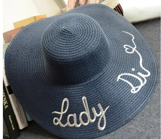 Wholesale lady large brim collapsible sunscreen embroidery straw floppy hat