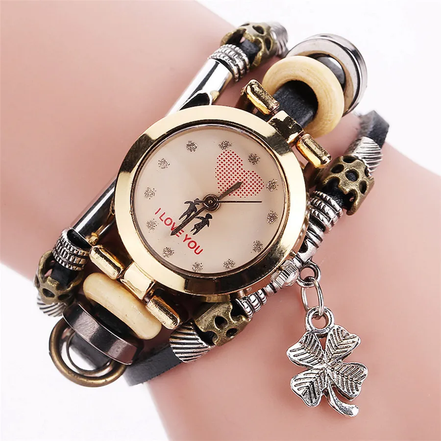 Wholesale cheap price Fashion Women Casual Leather watches Flower pendant  lady delicate Weave Wrap bracelet Watch in Yiwu