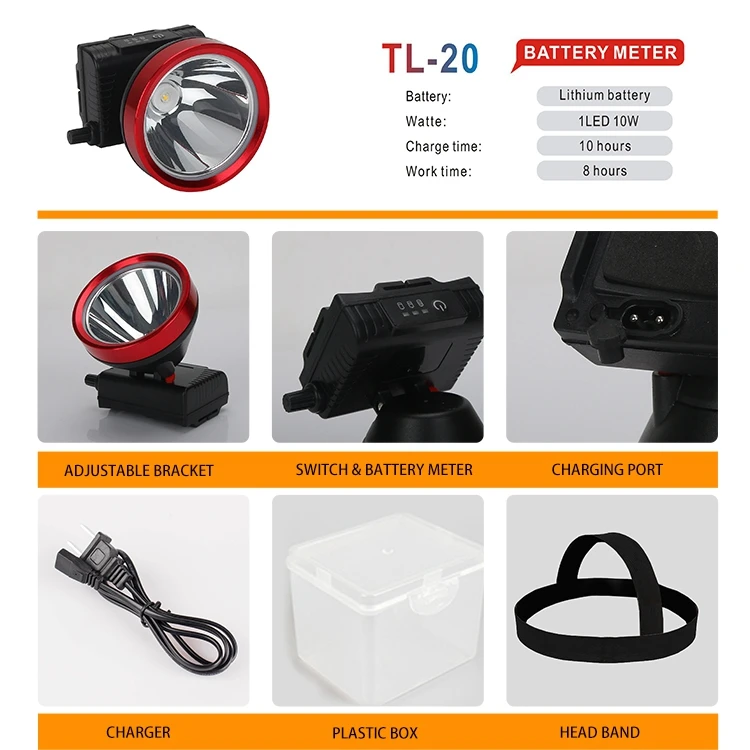 
TL-20 ( 1 LED 10W ) Lithium battery Portable led head light rechargeable LED headlamp for rubber farming work 