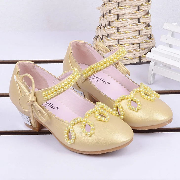 
YY10260S Latest design high heel solid color pearl decoration princess shoes kids children 