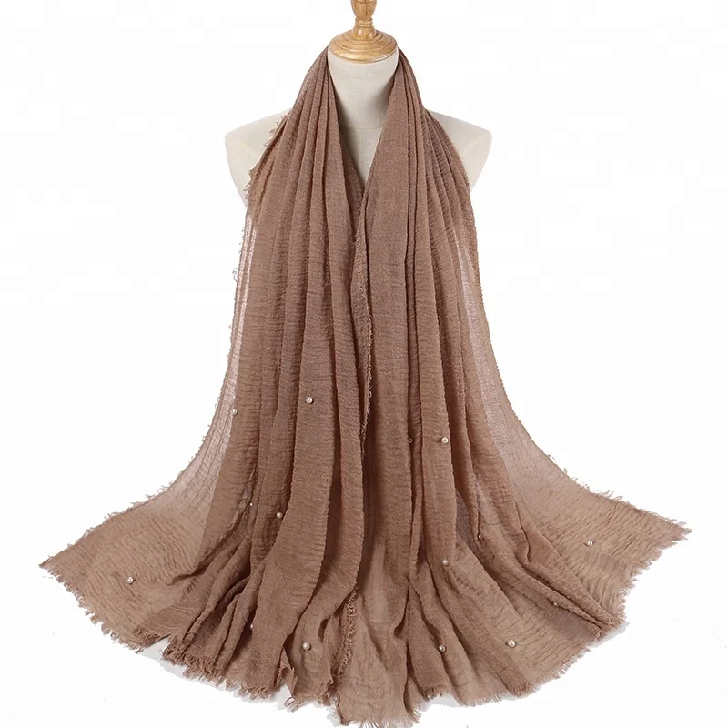 
Fashion Crinkle Cotton Women Tassel Pearl Muslim Hijab Head Scarf 
