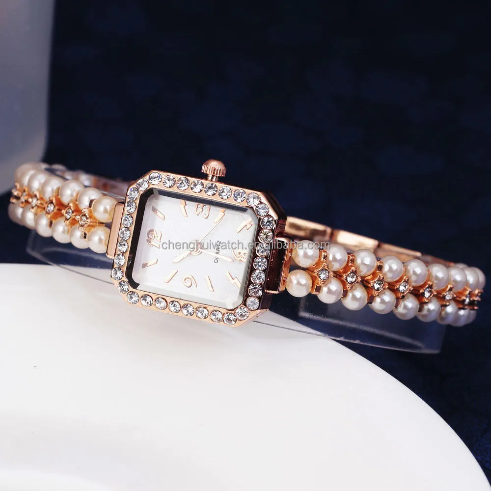 Womens rose gold watches, Pearl crystal bracelet bangle round , Square dial wrist ladies gold watch