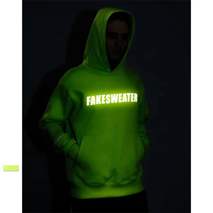 Fashion custom reflective/printing glow in the night neon color 100% cotton fleece terry style pullover hoodies/ hoody OEM
