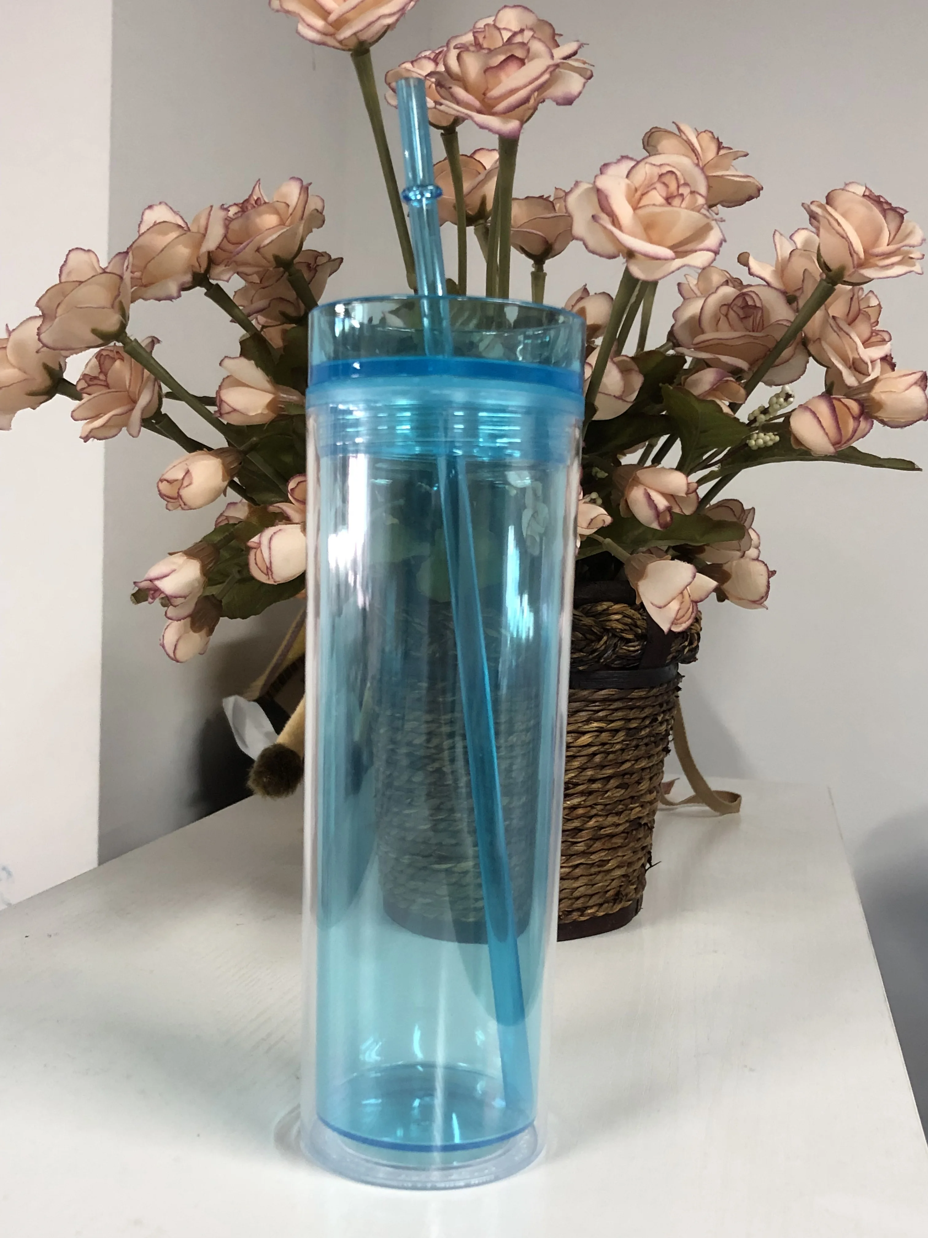 Popular BPA free colorful 16oz acrylic Skinny tumbler with Lid and Straw  double wall reusable plastic skinny tumbler