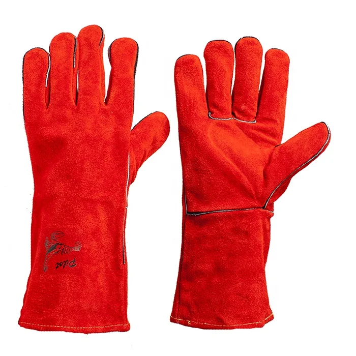 Red heat resistant gloves cow split leather anti fire elbow length gloves for hand protection