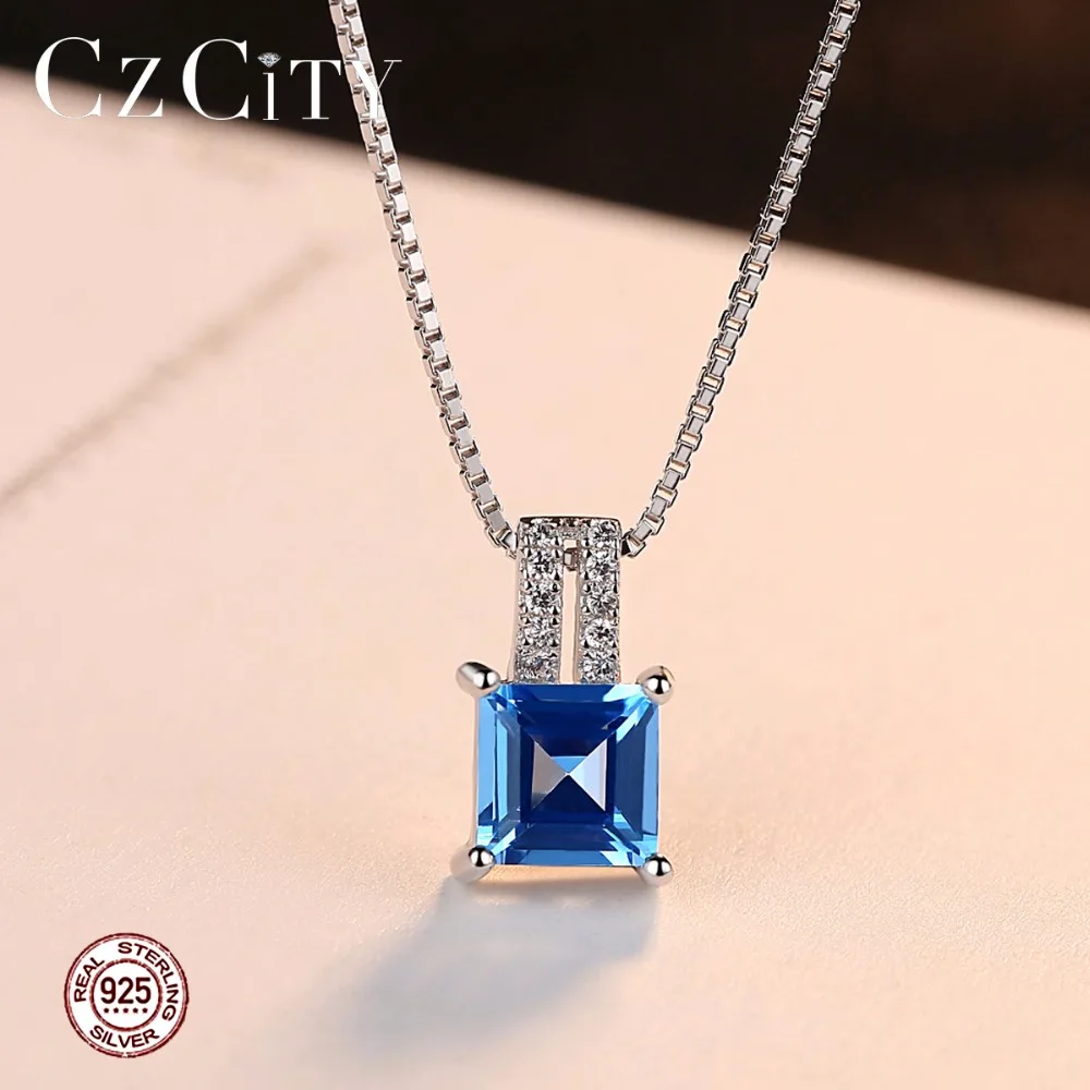 CZCITY Hot Sale Trendy Light Blue Topaz Crystal Necklace Women 925 Sterling Silver Fine Jewelry