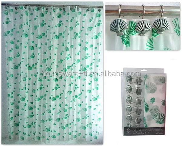 Plastic Shower Curtain with Hooks Set of 13 Hot Sale Ocean Design PEVA Shower Curtain  with Resin Hooks Set of 13