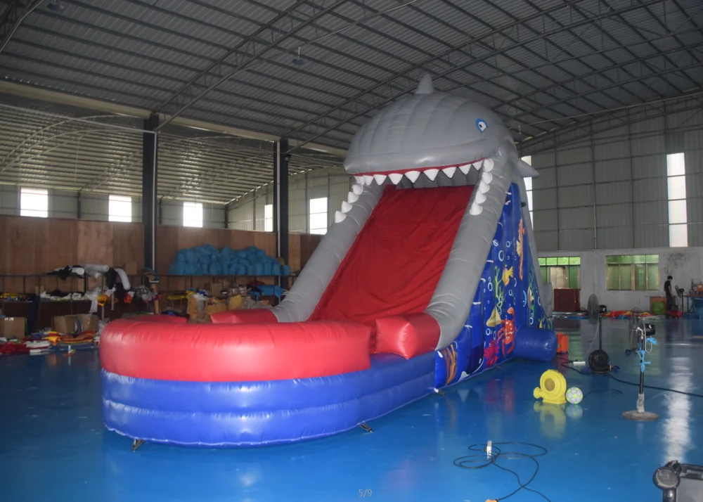 Inflatable single lane shark water slip N slides with swimming pool for kids rental