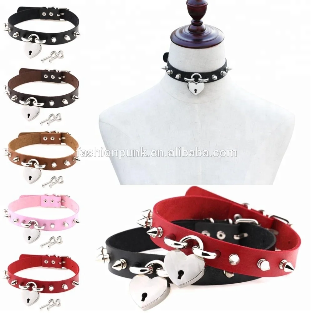 Punk Gothic Handmade Harajuku Safe Heart Choker Spikes Studded Rivet Lock Choker Collar Keys Pendant