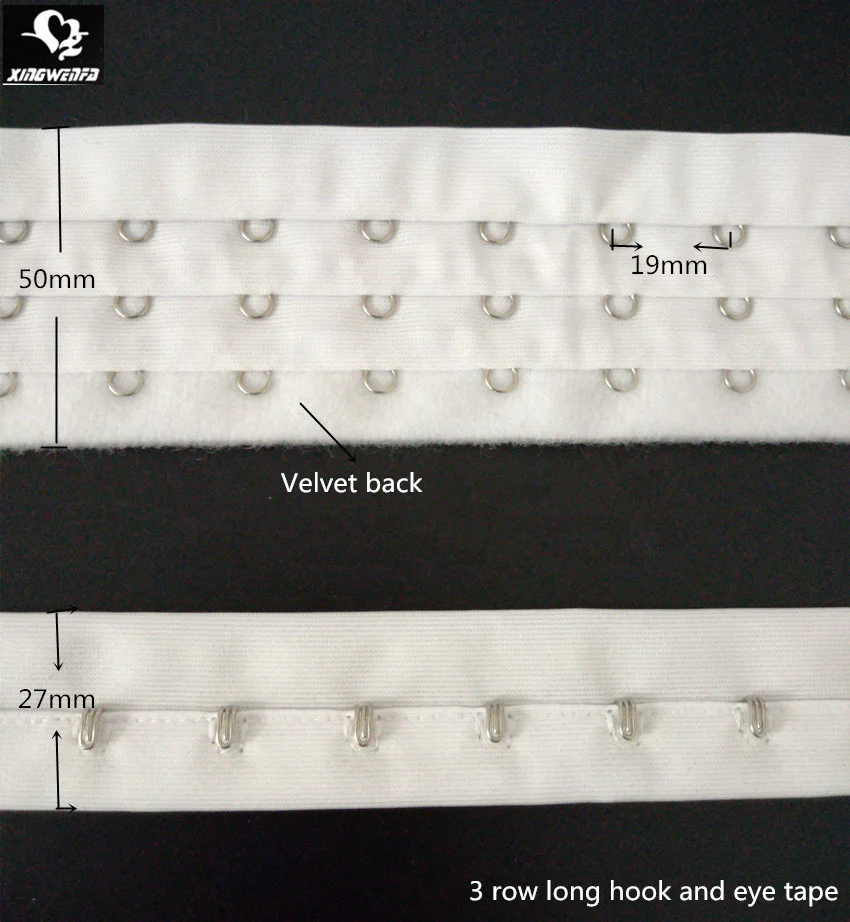 Underwear accessories Eco-friendly Reusable 3 row white velvet back high quality  polyester long bra hook and eye tape