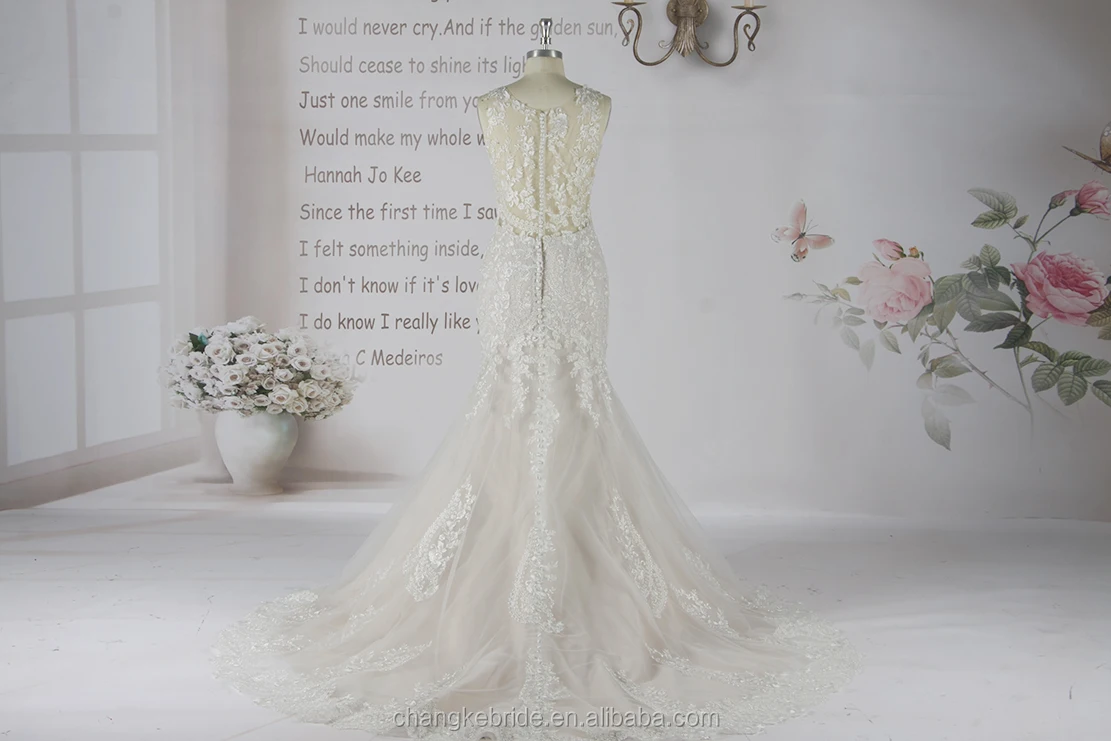 2019 Luxury Lace Sleeveless Scoop Neck Long High Quality Empire Plain Wedding Dress  Backless Mermaid Style Manufacturer