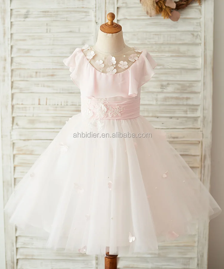 Sheer Neck Boho Beach Pink Chiffon Lace Tulle Wedding Flower Girl Dress Princess Birthday Party Dress Toddler Baby Girl Dress