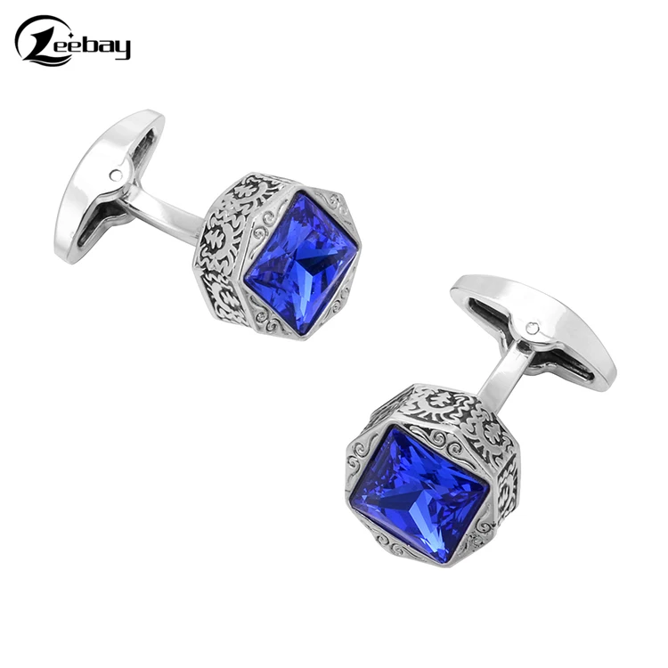 Vintage pattern blue crystal cufflinks, business French dress cufflinks