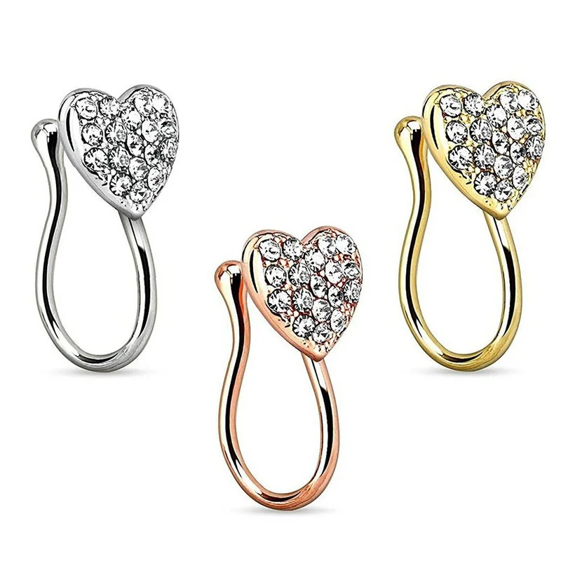 316L Stainless Steel Rhinestone Crystal Clip No Nose Heart Shape Ring Types Nose Piercing Jewelry