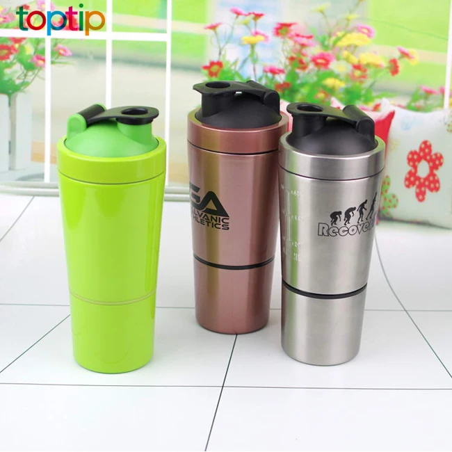 Stainless Steel Shaker with Built-In Mixing Lid & Mixer Ball,Premium Shaker Bottle with Twist Storage Compartment Cup