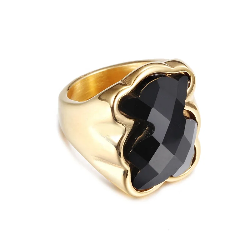 
Hot Sale Bear Shaped Stainless Steel Gold Plated Engagement Ladies Black Diamond Ring 