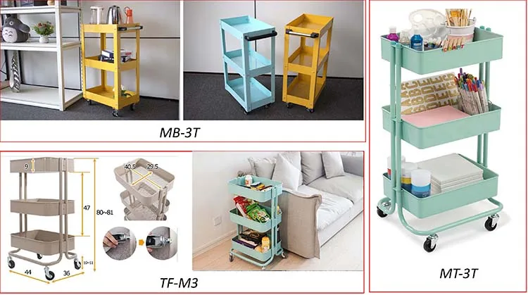 3-Tier Rolling Cart for Serving Utility Organization Kitchen Cart with Portable Metal Handle Easy Moving Flexible Wheels