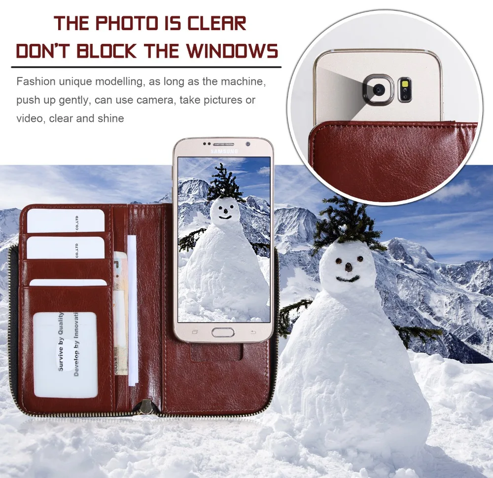 For Business Man Zipper Wallet Style With Suction Cup Card Slots Flip Universal Phone Case For Mobile Phone 4.0-5.0inch