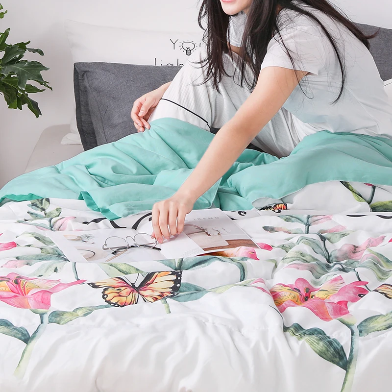 Летнее стеганое одеяло с цветочным принтом моющееся тонкое постельное белье из полиэстера