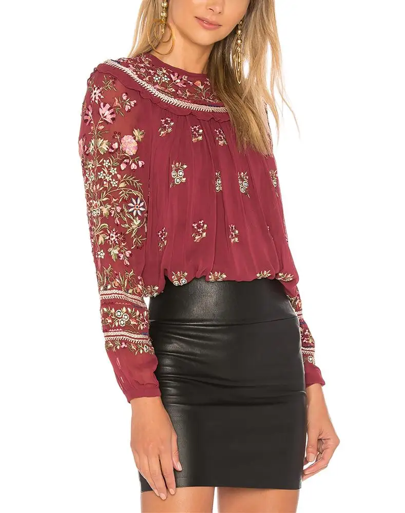 Sexy Foreign Girls Victorian Bohemia Style Ladies Georgette Folk Embroidered Tunic Tops for Women hsb2287