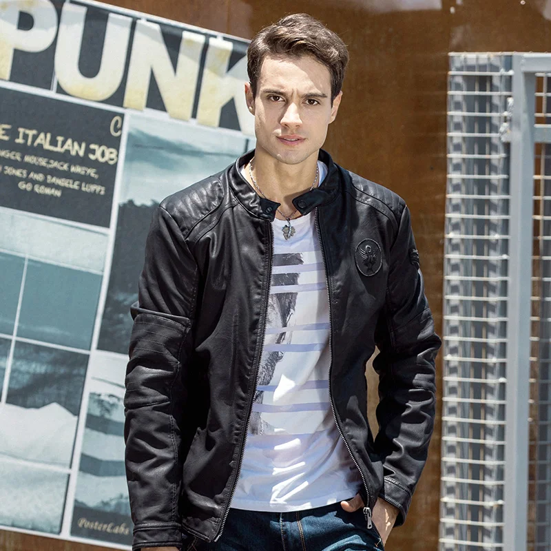 Men Slim Fit Black PU Leather Windbreaker Motorcycle Full Zip Up Track Jacket