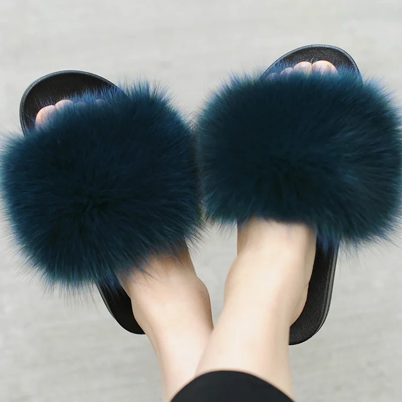 CX-A-70B Factory Wholesale Long Hair and Soft Real Fox Fur Slides for Women