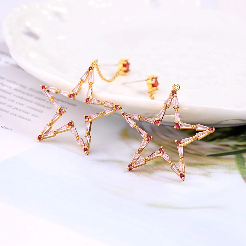
New Korean Designs Handmade Jewelry long Dangle Brass CZ Star Zircon earrings 