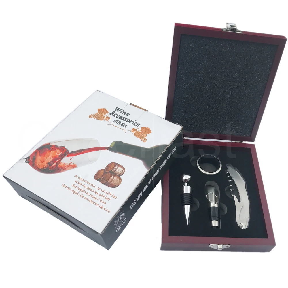 Good Wooden Box 4 Pieces Accessories Wine Set