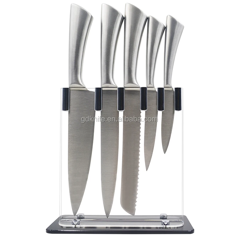 Hot selling durable 5 pcs with acrylic stand hollow handle stainless steel  knife set