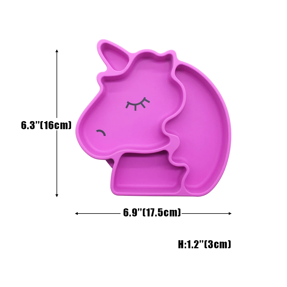 Benhaida Food Grade Silicone Cute Animal Unicorn Shaped Feeding Plate With Suction Divided Grip Dish for Baby