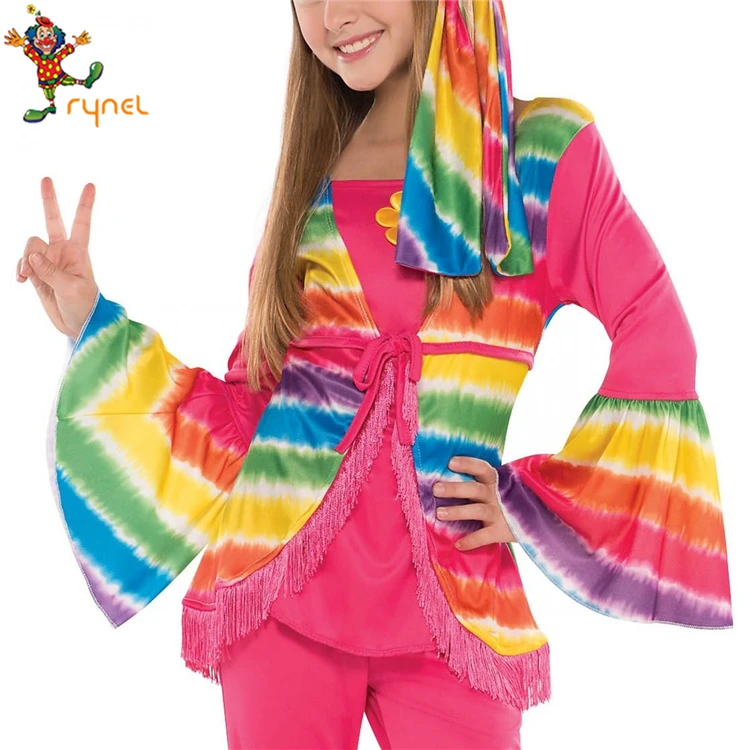 PGCC5625 Custom Rainbow Color Kids Girls Hippie Costume 60s 70s Halloween Party Fancy Dress Costume