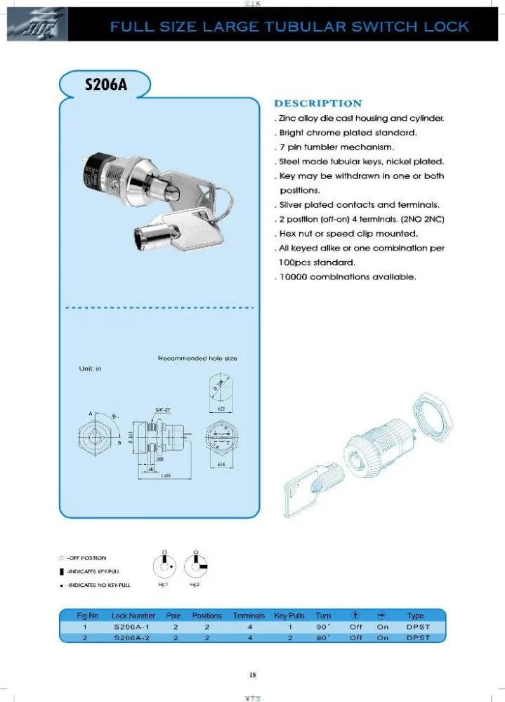 Key switch lock with 2 tubular keys