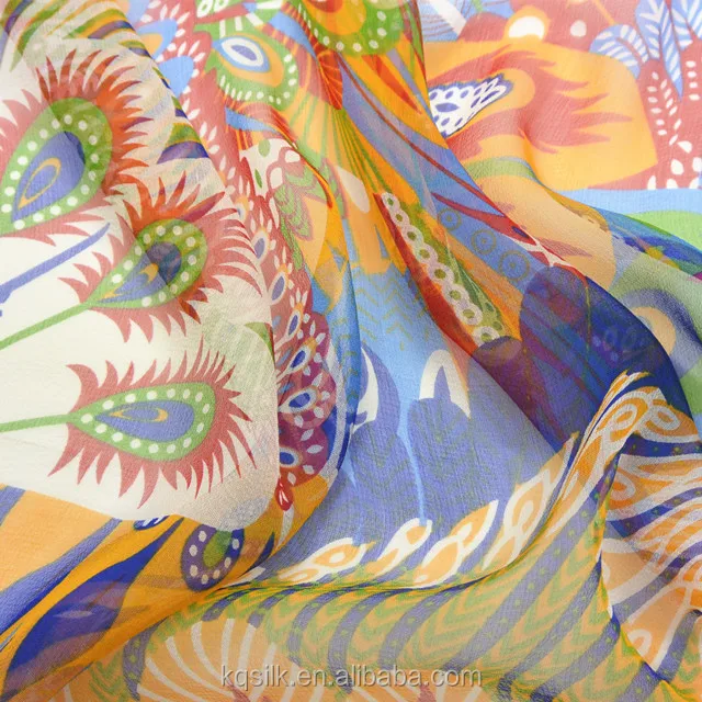 100% silk georgette with peacock feathers