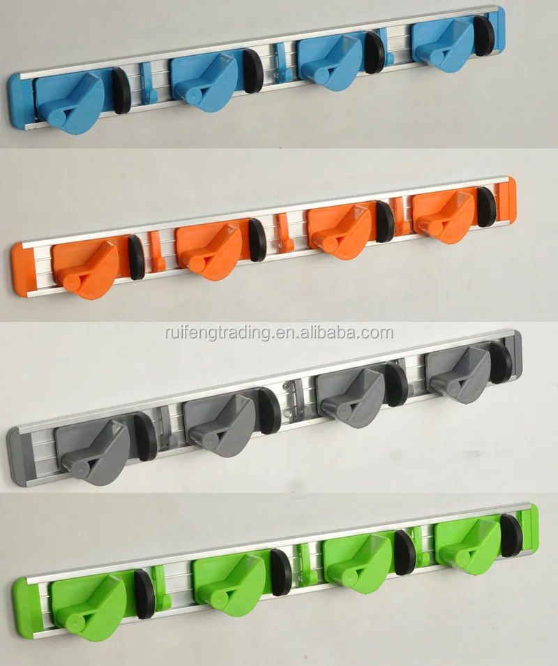 Wall mounted non slide mop broom holder and rake garden tool organizer